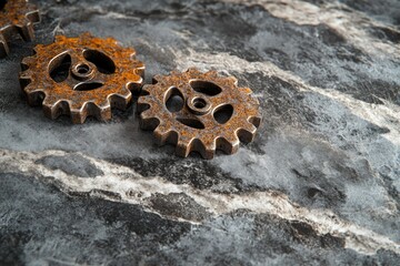 Rusty metal gears interlocked on a dark stone surface, symbolizing teamwork and mechanics.