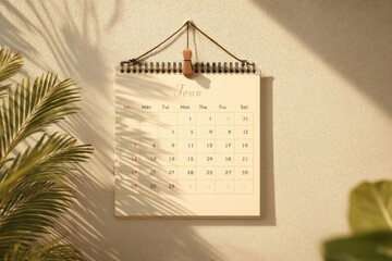 A minimalist calendar hanging on a textured wall with tropical leaf shadows creating a warm, inviting atmosphere, perfect for planning and organizing.