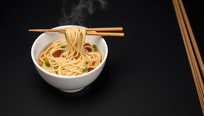 Steaming Noodles in a White Bowl with Chopsticks on Dark Background