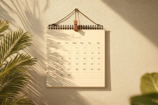 A minimalist calendar hanging on a textured wall with tropical leaf shadows creating a warm, inviting atmosphere, perfect for planning and organizing.