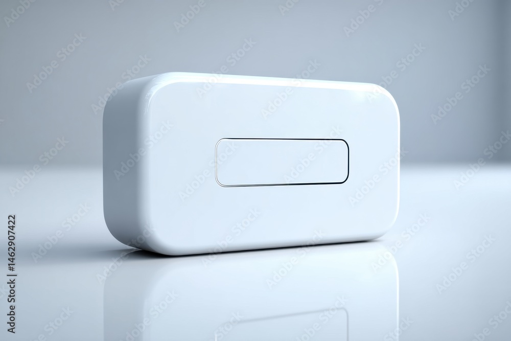 Poster a clean, minimalist design featuring a white rectangular object with rounded edges and a recessed re