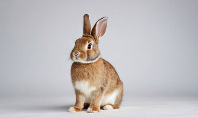 Obraz premium A brown and white rabbit sitting on a white surface, great for use in animal-themed illustrations, designs, or as a symbol of innocence