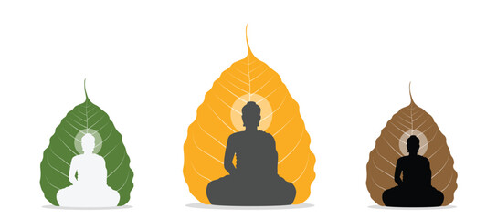 Buddha Silhouette Meditating in Front of Bodhi Leaf in Three Colors
