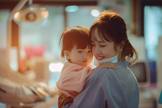A kind doctor holds a child in the dental clinic, comforting her gently.