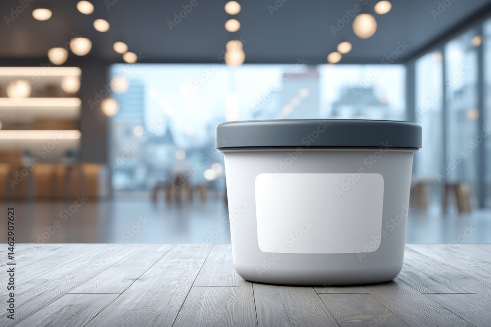Poster a sleek container with a blank label stands on a wooden table in a modern interior, showcasing a sim