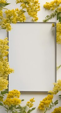 Video blank mockup of white A4 sheet with Saponaria soapberry flowers and grass Blank of poster on grass with bouquet of wildflowers White letterhead on grass with flowers 4K vertical