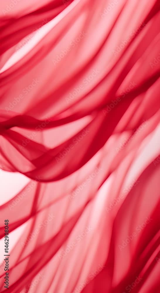 Poster slow motion flowing red translucent fabric with soft curves on white background vertical futage for 
