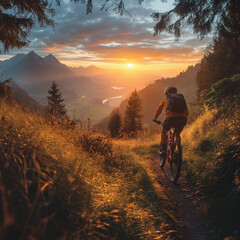 Fototapeta premium A man biking along a trail at sunset, silhouetted against the colorful sky, enjoying the tranquil evening ride.
