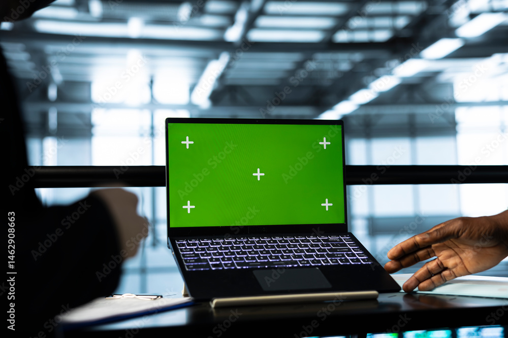 Poster programmers in data center using mockup laptop, inspecting server rigs, updating network topologies.