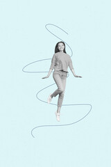 Banner trend collage of person on blue color background having drawing lines