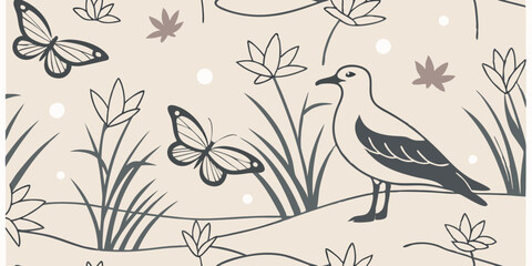  Neutral hand-drawn nature scene with bird and butterflies for eco-themed backgrounds, textile design, packaging, and sustainable branding