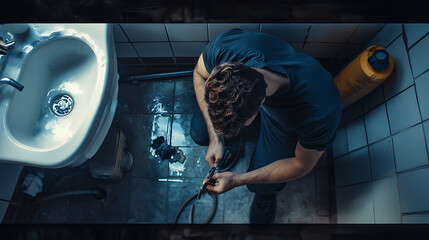 Man Repairing a Plumbing Issue in a Bathroom