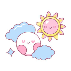  Kawaii style moon, sun, and clouds with faces for children’s storybooks, weather-themed stickers, learning games, and bedtime apps