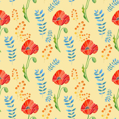 Pattern with red flowers and leaves. Watercolor illustration, drawing for fabric.
