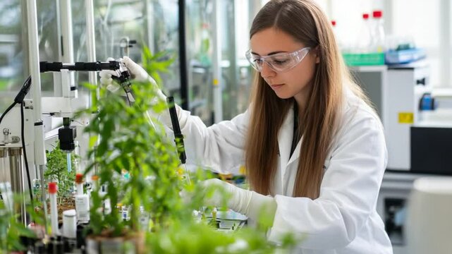 Woman scientist analyzing plant samples in laboratory for pharmaceutical research
