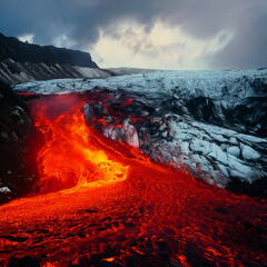 Naklejka premium Striking landscape featuring fiery red lava flowing onto a glacial expanse. Represents the power of nature, climate change, and contrasts. Great for backgrounds.