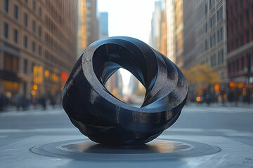 Abstract Dark Metal Sculpture in Urban Setting