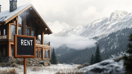 Fototapeta premium A large house surrounded by snow -covered mountains. A tablet in front of a house with an inscription for rent. The concept of Areda houses for vacation and rest,