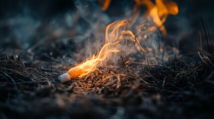 A discarded cigarette sets dry grass on fire - a close-up of the first flames and smoke, a summer fire hazard
