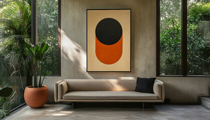 Abstract Painting with Black and Orange Shapes in Modern Living Room