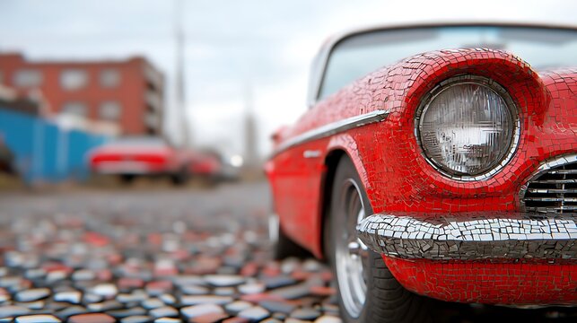 Fototapeta Red Vintage Car Mosaic Closeup in Urban Setting
