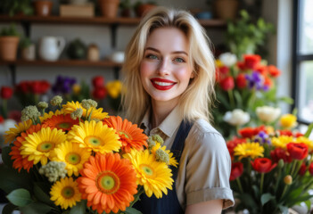 Naklejka premium young woman florist with bouquet of colorful gerberas in flower shop, business concept
