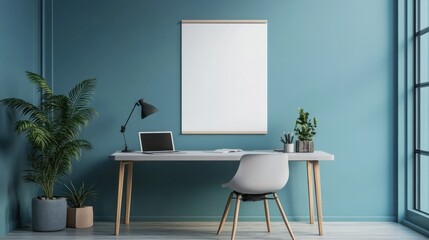 Modern workspace interior with blank poster frame and teal blue wall mockup