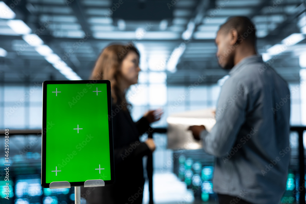 Poster close up of mockup tablet next to workers in data center using automation tools. focus on isolated s