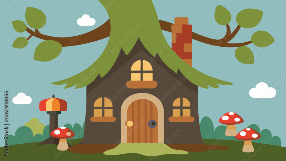 Poster natures hideaway a quaint rustic house with a stone chimney and an assortment of greenery surroundin