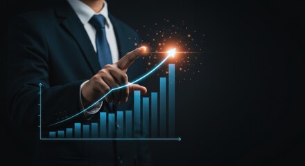 Digital performance analytics. Finger interacting with futuristic graph interface showing dynamic market growth, business intelligence, stock trend, data insight, and financial forecasting analysis..
