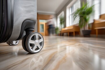 Naklejka premium Close-up view of a modern suitcase wheel on polished marble floor in a stylish lobby, showcasing travel readiness and contemporary design in a vibrant environment