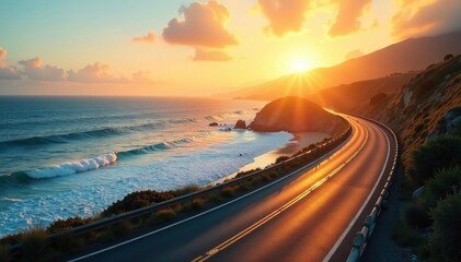 Golden sunlight bathes a coastal highway, Pacific Ocean view , horizon, coast, highway