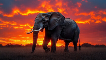 African Elephant at Sunset in the Savanna