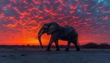 African Elephant at Sunset in the Savanna