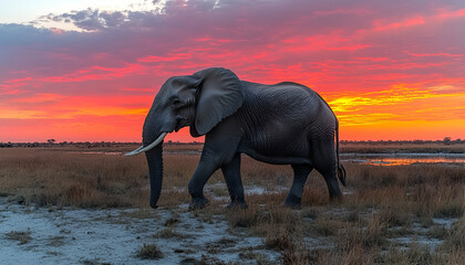 African Elephant at Sunset in the Savanna