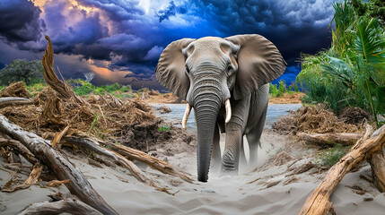 African Elephant in Dramatic Stormy Sky Over Riverbank