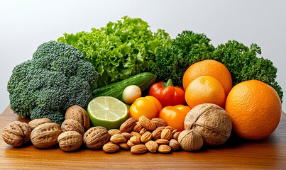 Assortment of Fresh Fruits Vegetables and Nuts on Wooden Table