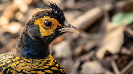 Golden pheasant portrait, forest floor, sunlight, wildlife photography, nature