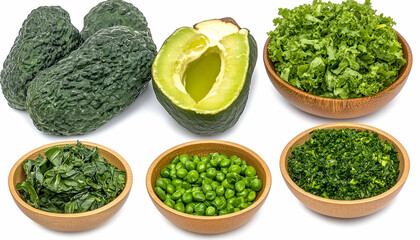Assortment of Green Vegetables Including Avocado Broccoli Kale Peas and Parsley in Wooden Bowls