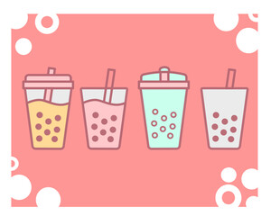 Four bubble tea drinks in different cups with tapioca boba pearls and straws, on a pink background with white bubble accents. Colorful vector flat illustration with cute and minimalistic design.