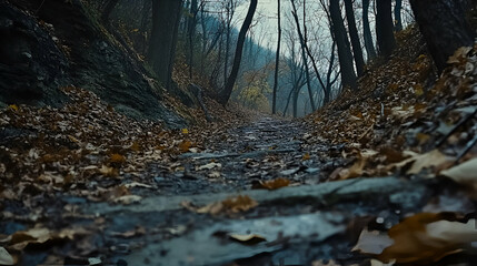 Autumn Forest Path: Dark Brown Leaves on a Dirt Trail