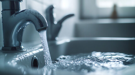 Water Flowing from a Modern Faucet into a Sink