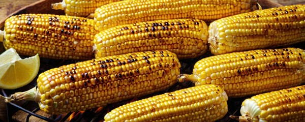 Grilled ear of corn with a slice of lemon, perfect for summer BBQs or picnics