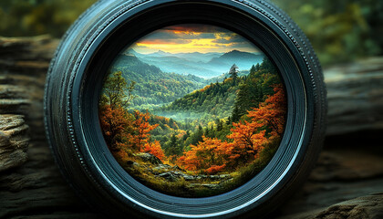 Autumnal Mountain Landscape Seen Through a Dark Circular Frame