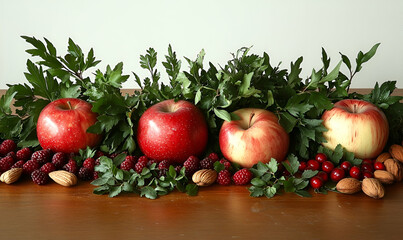 Autumnal Table Centerpiece with Red Apples Berries and Almonds