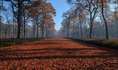 Autumnal Pathway: Red And Brown Leaves Covering Tree Lined Path