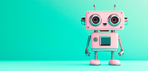 Fototapeta premium Cheerful pink robot with big eyes on a bright turquoise background.