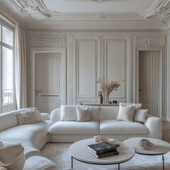 Fototapeta premium White living room with large couch & coffee table, creating airy, minimalist vibe. Bright, clean space with modern decor.