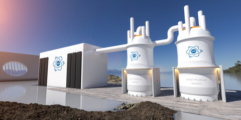 concept of a SMR small modular nuclear reactor power plant on a sunny day. SMR is a future energy concept. 3d rendering.