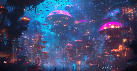 Futuristic underwater city glowing domes schools of fish swimming past cinematic aquatic metropolis